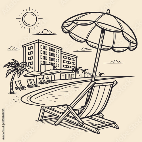 Hand drawn beach shears with umbrella. Doodle vector vintage sunbed illustration. Pool, hotel resort, lounge outdoor furniture. Sun shadow seat with parasol. Sea vacation design element
