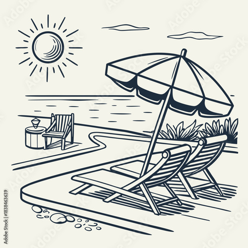 Hand drawn beach shears with umbrella. Doodle vector vintage sunbed illustration. Pool, hotel resort, lounge outdoor furniture. Sun shadow seat with parasol. Sea vacation design element