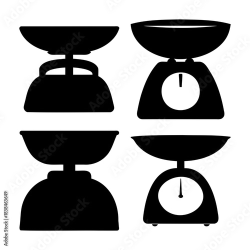 Kitchen scales silhouette icon set for measurement and weight