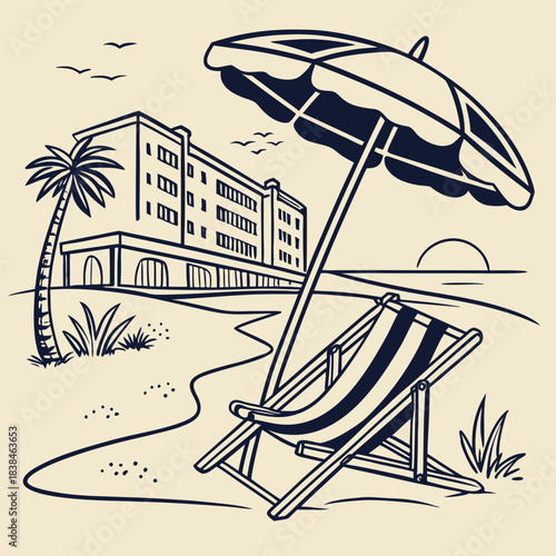 Hand drawn beach shears with umbrella. Doodle vector vintage sunbed illustration. Pool, hotel resort, lounge outdoor furniture. Sun shadow seat with parasol. Sea vacation design element