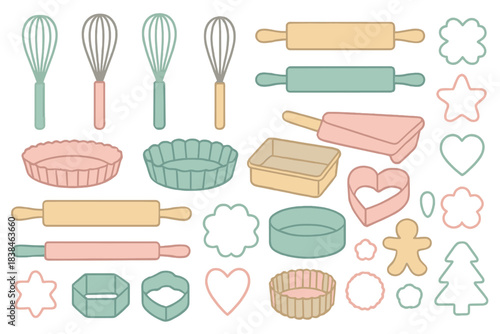 Baking tools and shapes for making various desserts and pastries in different sizes and colors laid out on a flat surface