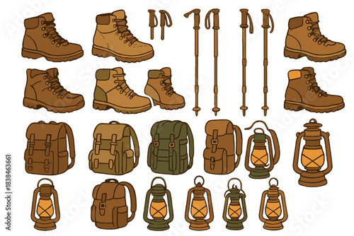 Different hiking gear including boots, backpacks, walking poles, and lanterns arranged in a grid format on a white background