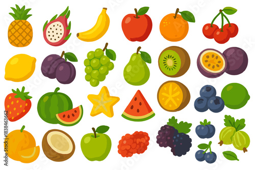 Variety of colorful fruits arranged in a grid layout on a white background showing different types and shapes at a market or grocery setting