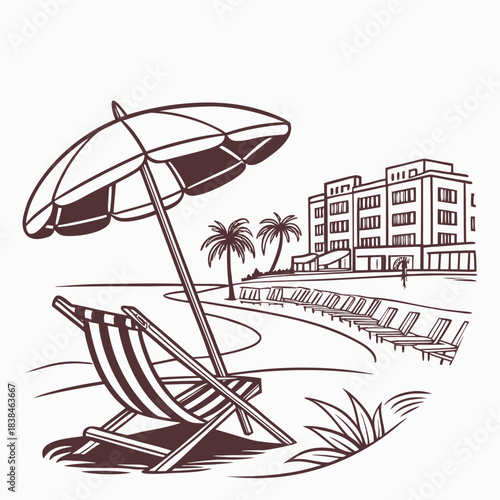 Hand drawn beach shears with umbrella. Doodle vector vintage sunbed illustration. Pool, hotel resort, lounge outdoor furniture. Sun shadow seat with parasol. Sea vacation design element