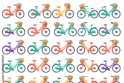 Colorful bicycles arranged in rows with flower baskets on a plain background showcasing various designs and colors in a creative display