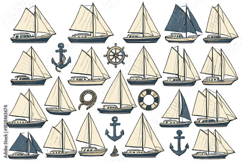 Collection of sailing boats and nautical elements arranged in a grid style design for marine lovers