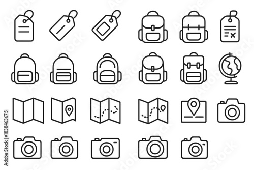 Collection of travel-related icons including backpacks, maps, and cameras displayed in a grid format