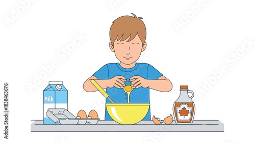 A young boy cheerfully cracks an egg into a bowl while baking ingredients surround him
