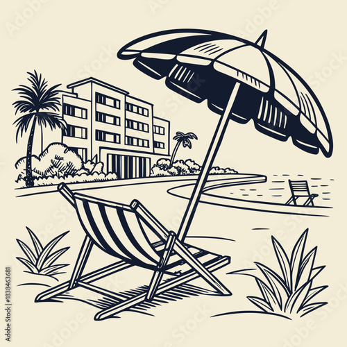 Hand drawn beach shears with umbrella. Doodle vector vintage sunbed illustration. Pool, hotel resort, lounge outdoor furniture. Sun shadow seat with parasol. Sea vacation design element