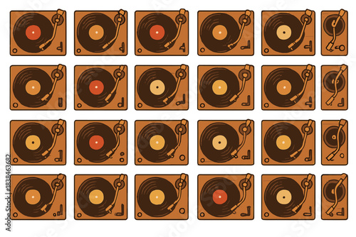 Collection of retro turntables arranged on a grid pattern showing vinyl records with different colors