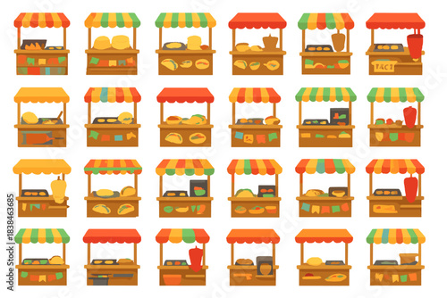 Food stalls at a market with various types of meals and snacks displayed under colorful tents in a vibrant setting