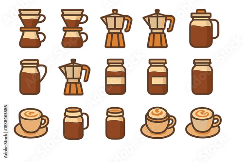 Different types of coffee makers and coffee cups arranged in a grid pattern on a light background