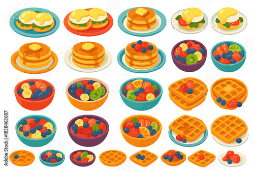 Various breakfast plates featuring pancakes, waffles, fruits, and toppings on colorful dishes in a simple layout