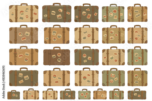 Collection of vintage suitcases with travel stickers displayed in a grid pattern showing different colors and designs