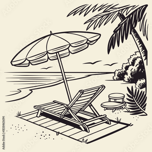 Hand drawn beach shears with umbrella. Doodle vector vintage sunbed illustration. Pool, hotel resort, lounge outdoor furniture. Sun shadow seat with parasol. Sea vacation design element