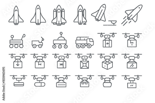 Creative illustrations of rockets, drones, and delivery systems in various scenarios