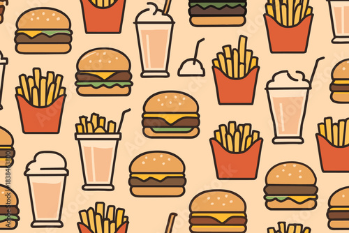 Fast food pattern featuring burgers, fries, and drinks on a plain background in a colorful design