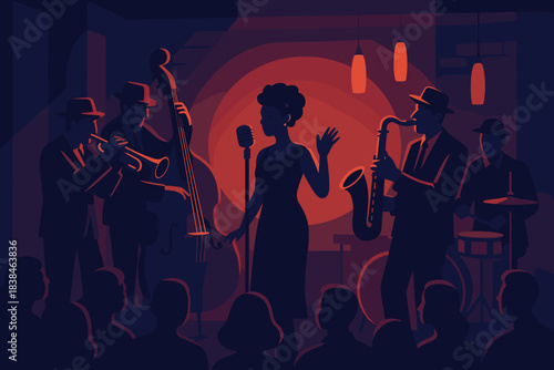 Live music performance by jazz band with vocalist in a dimly lit club setting