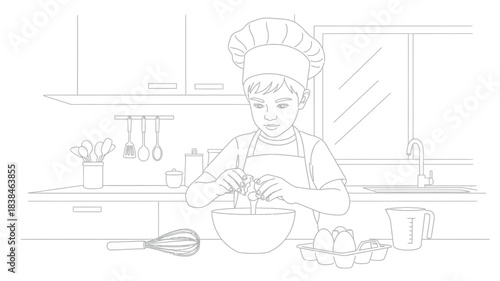 A young chef diligently preparing ingredients in a brightly lit modern kitchen setting