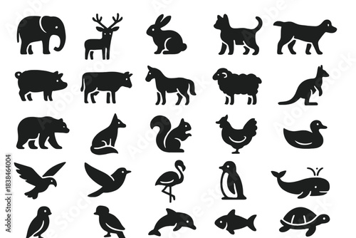 Various animal silhouettes arranged in a grid pattern on a plain background for educational or decorative use