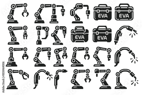 Robotic arms and equipment icons for industrial applications in a black and white design