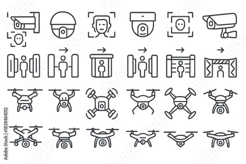 Various types of security and surveillance icons showing cameras, drones, and face recognition systems in simple line art style