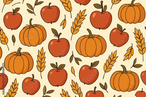Colorful pattern featuring apples and pumpkins arranged in a seasonal design on a light background