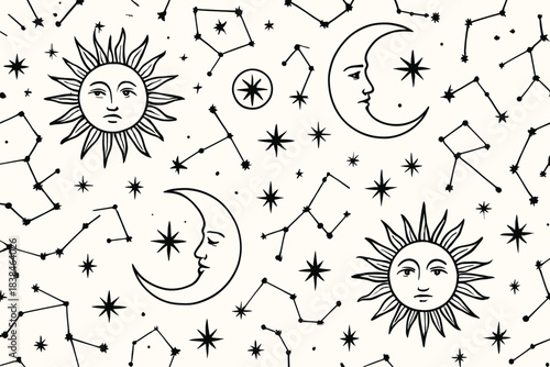Design featuring sun, moon, and constellations on a white background in a simple style with black outlines