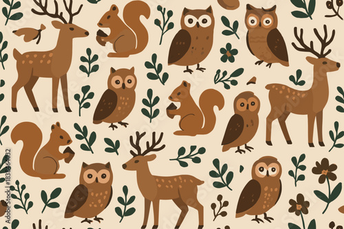 Art showing various animals in a nature scene with deer, owls, and squirrels in different poses and arrangements on a light background
