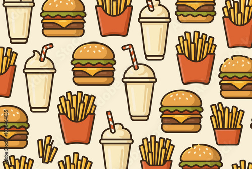 Pattern of burgers, fries, and drinks on a light background in a food-themed design