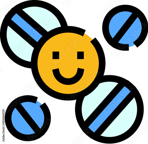 Happy face with pills representing mental health and wellness