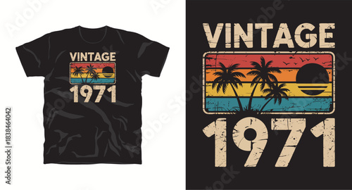 Vintage 1971 t-shirt design with palm trees and sunset for retro apparel