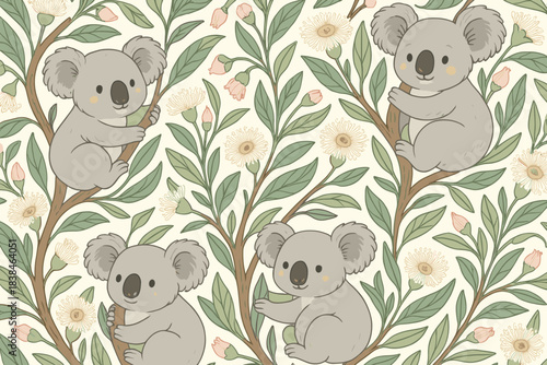 Koalas sit on branches surrounded by leaves and flowers during daytime in a natural setting