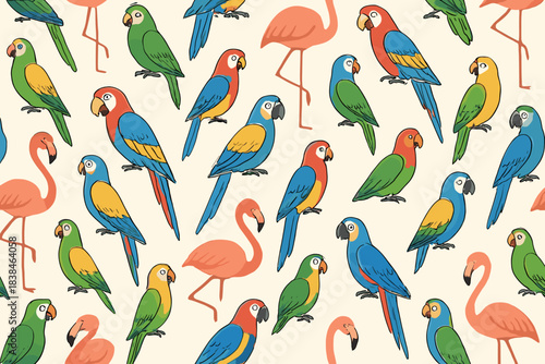 Colorful birds in a vibrant pattern featuring parrots and flamingos on a cream background creating a playful design