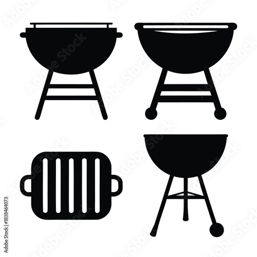 Collection of barbecue grill and grate silhouettes on white