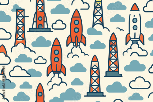 Rockets and launch pads are illustrated in a bright pattern with clouds on a light background