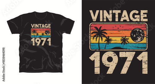 Vintage 1971 t-shirt design with palm trees and moon for retro apparel