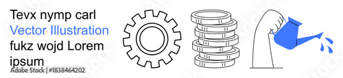 Industry, economy, financial services, investment, sustainability, business growth. Gear symbol, stacked coins and a watering can pouring water. Industry and economy concept visualization