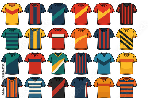 Different styles of sports jerseys displayed in a grid showing various colors and designs for potential team uniforms