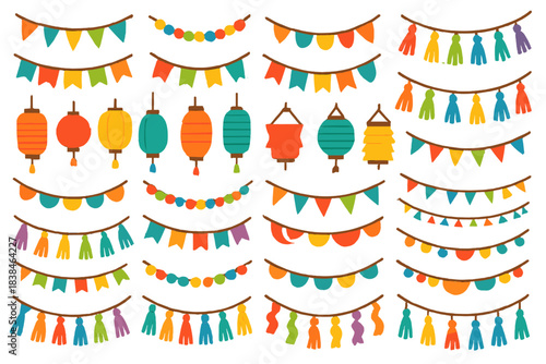 Colorful decorations for a festive celebration in a vibrant setting with banners, lanterns, and garlands hanging across a space