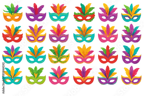 Colorful masks with feathers arranged on a white background for a festive occasion or celebration