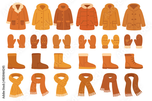 Collection of winter clothing items in warm colors with different styles and patterns arranged neatly on a light background