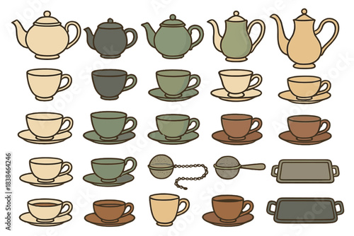 Various types of teapots, cups, and accessories arranged in rows on a flat surface