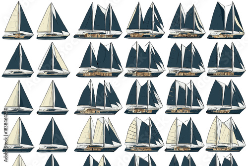 Many sailboats with different designs arranged in a grid pattern on a light background