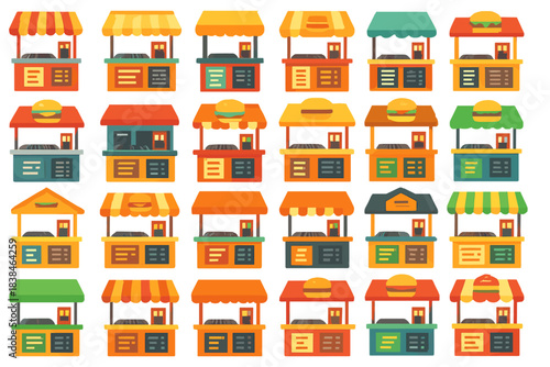 Food stalls in a market setting with various designs and colors for street food vendors