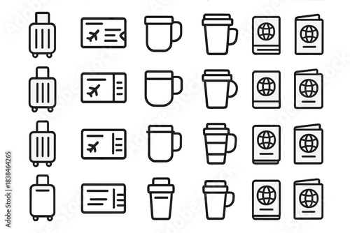 Travel essentials for a trip including luggage, coffee, tickets, and passports