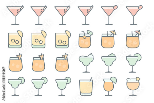 Different types of drinks displayed in various glasses at a bar setting during a social event or gathering