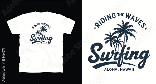 Riding the waves surfing aloha hawaii t-shirt design with palm trees and stars