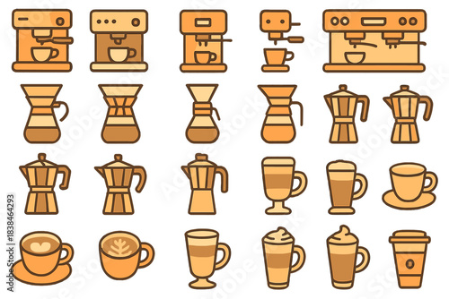 Different types of coffee makers and drinks in a simple design layout with warm colors