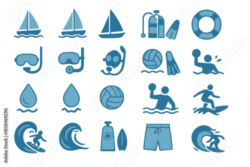 Sailing, swimming, and beach activities featuring various water sports and equipment designed for fun and enjoyment on the water